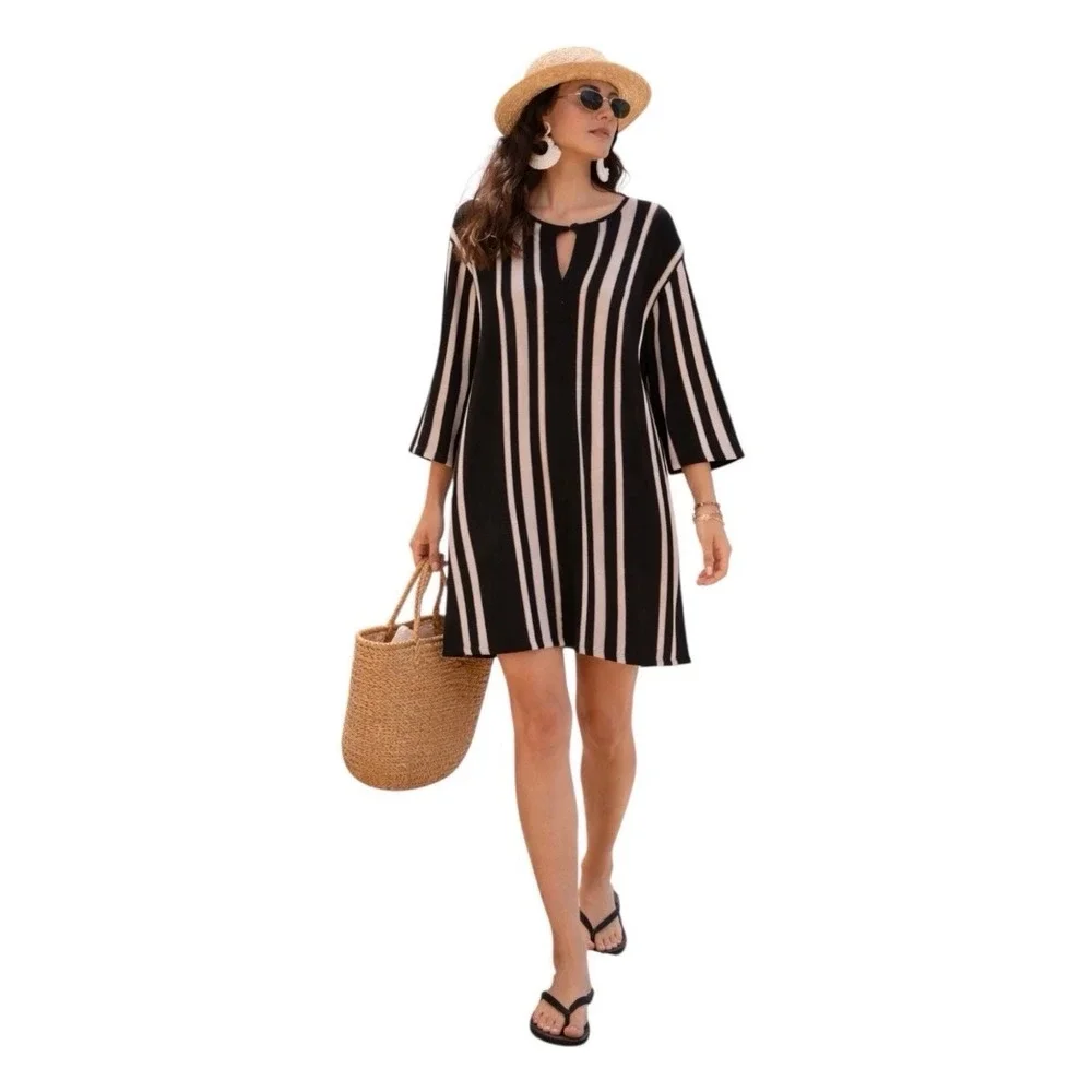 Zara Women Black Cream Striped Linen Blend Knit Tunic Coverup Top Medium Boho